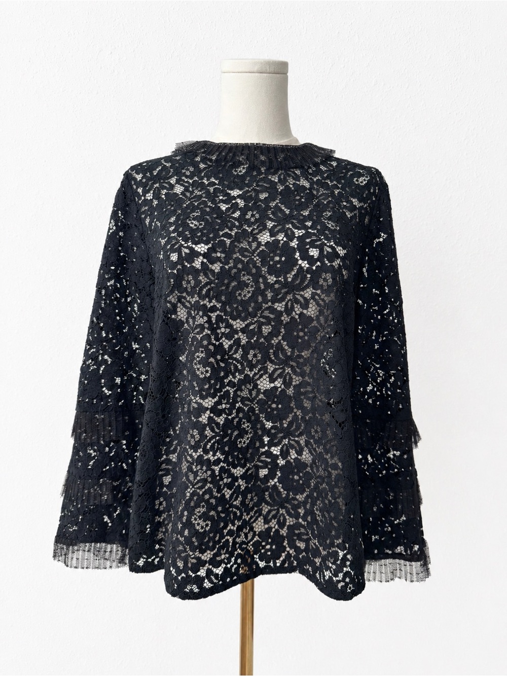 J.Crew Black Lace Blouse Sheer Floral Top Mesh Goth Boho Bell Sleeve Prom event